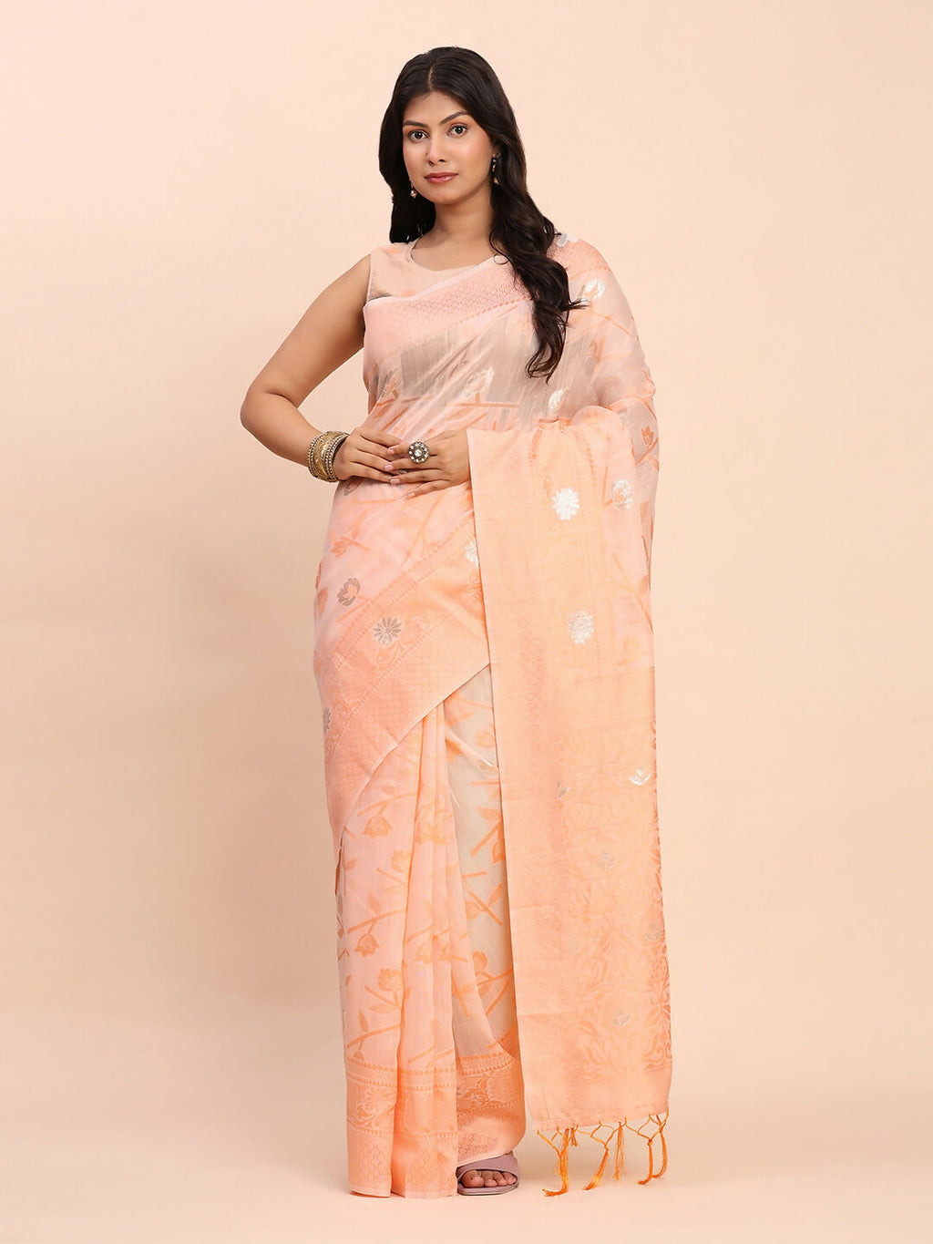 Shree Shyam Fashion Linen Cotton Peach Saree
