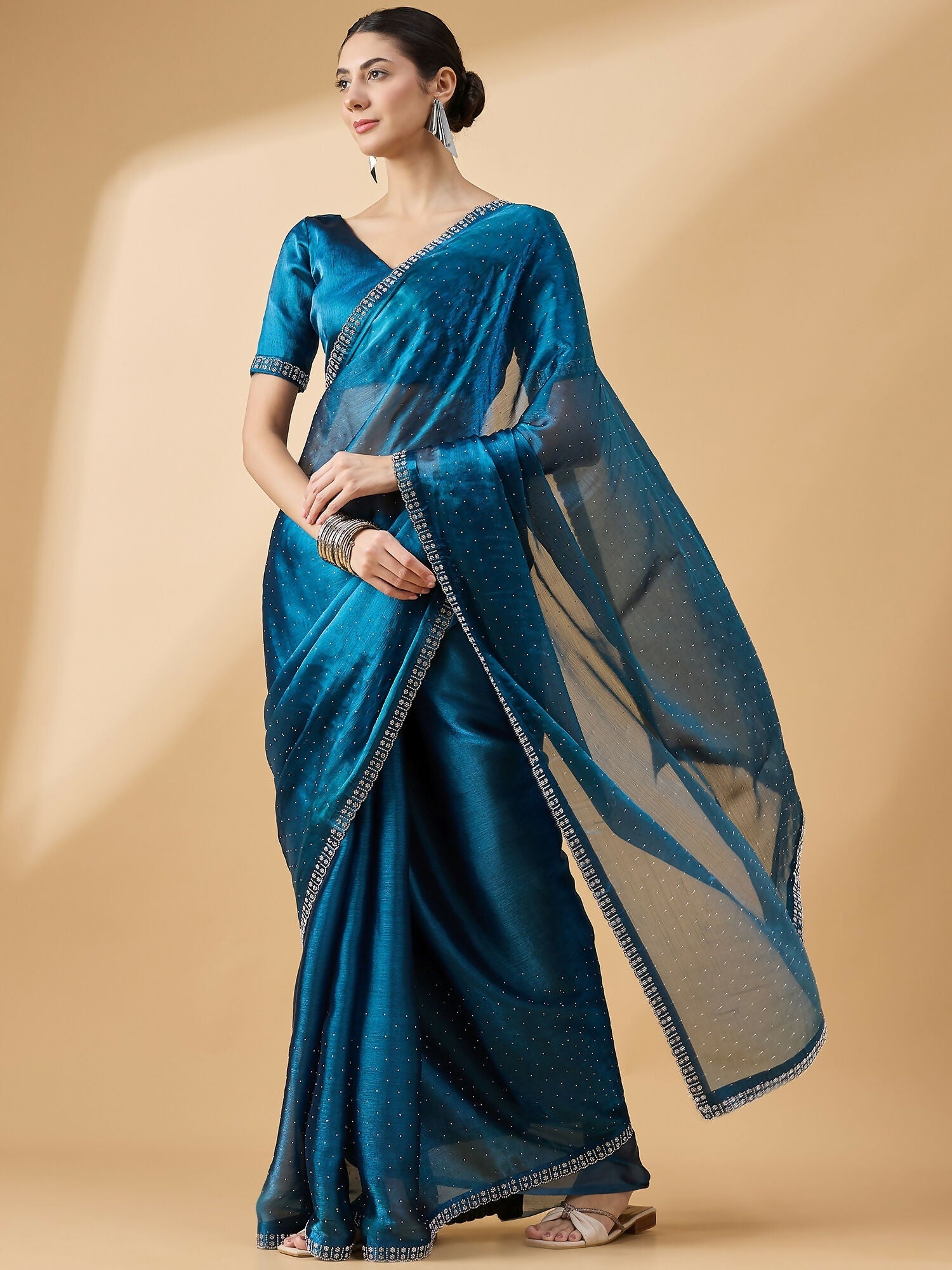 Teal Organza Swaroski Diamond Work Saree with Unstitched Blouse - Radha