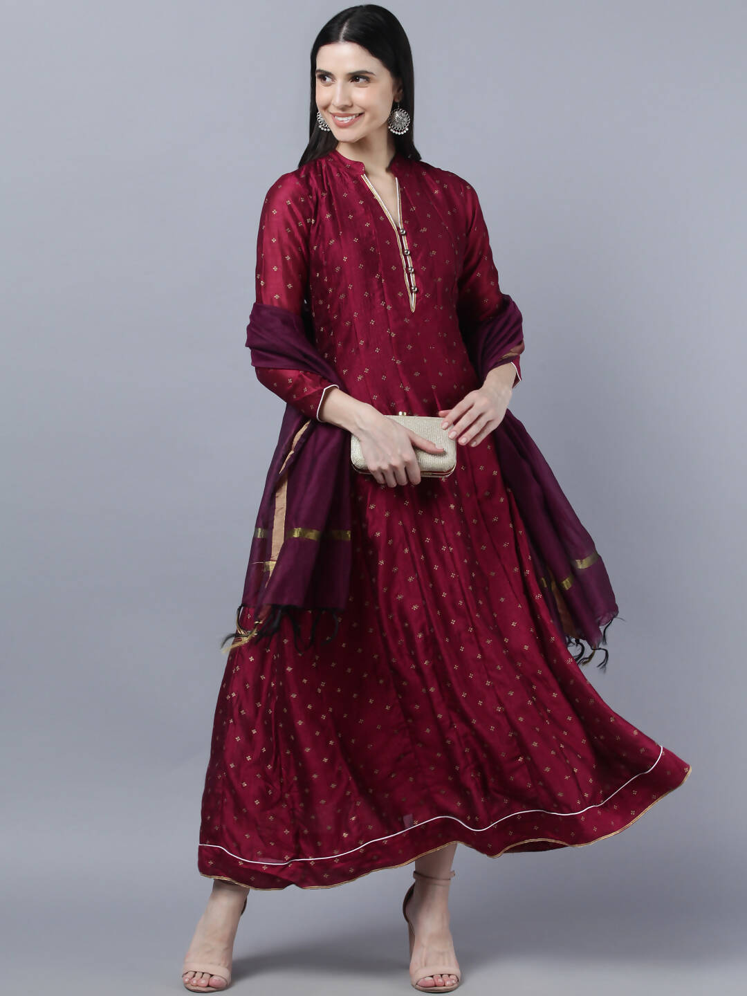 Myshka Women Brown Gold-Toned Anarkali Kurta With Dupatta