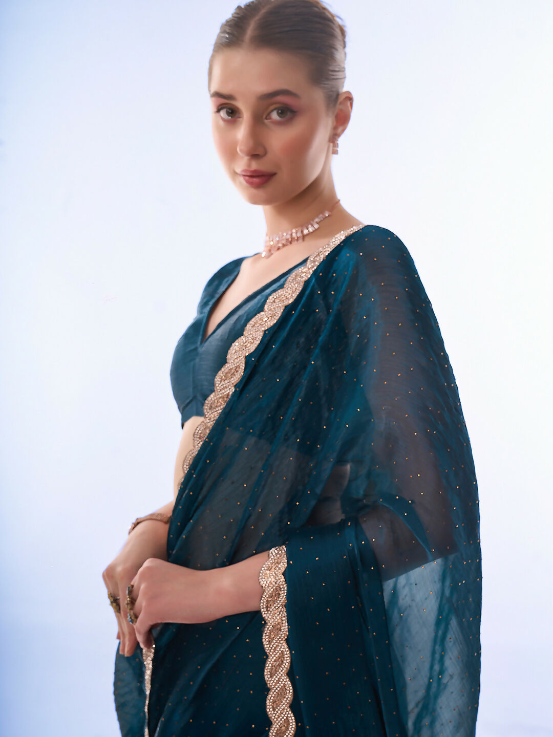 Teal Blue Burburry Designer Work Lace Border & Swarovski Work Saree - Orchid