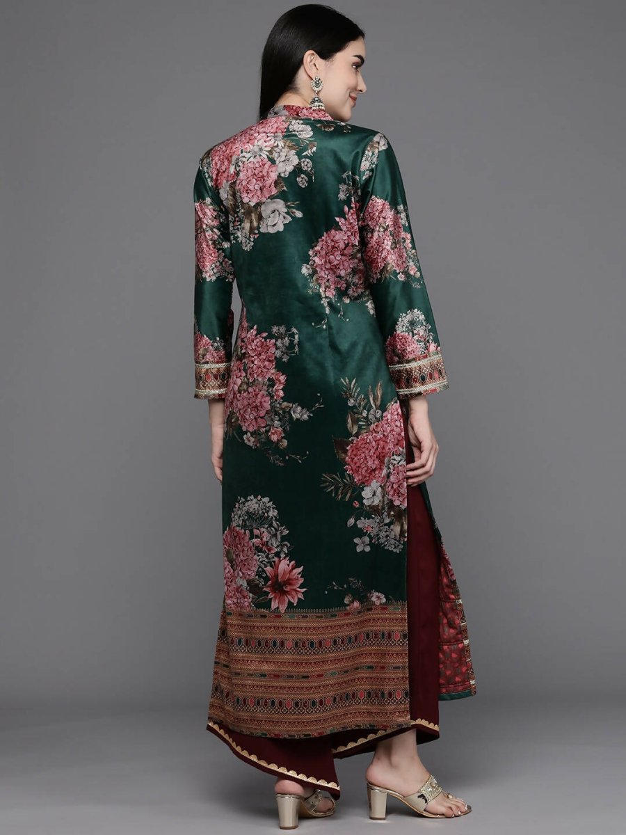 Ahalyaa Women Floral Printed Gotta Patti Velvet Kurta - Green Color