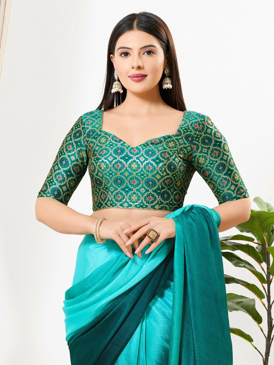 Joban Fashion Rama Green Brocade Padded Blouse With Sweetheart Neck Elbow Sleeves