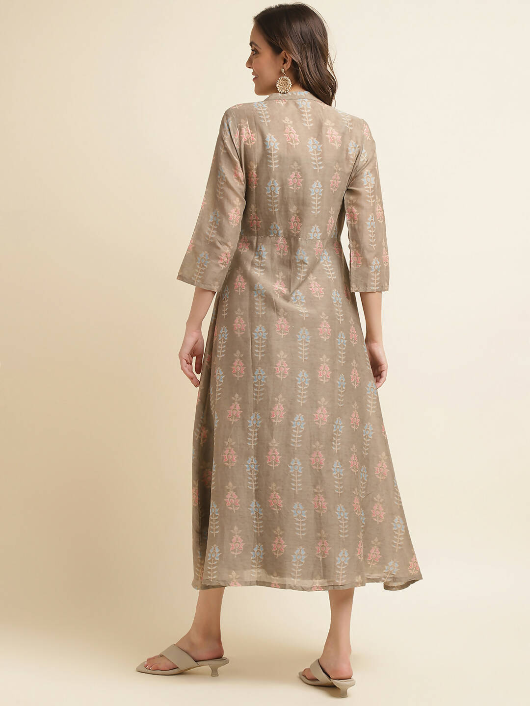 Brown Cotton Solid Flared Dress with Printed Shrug - Yukti