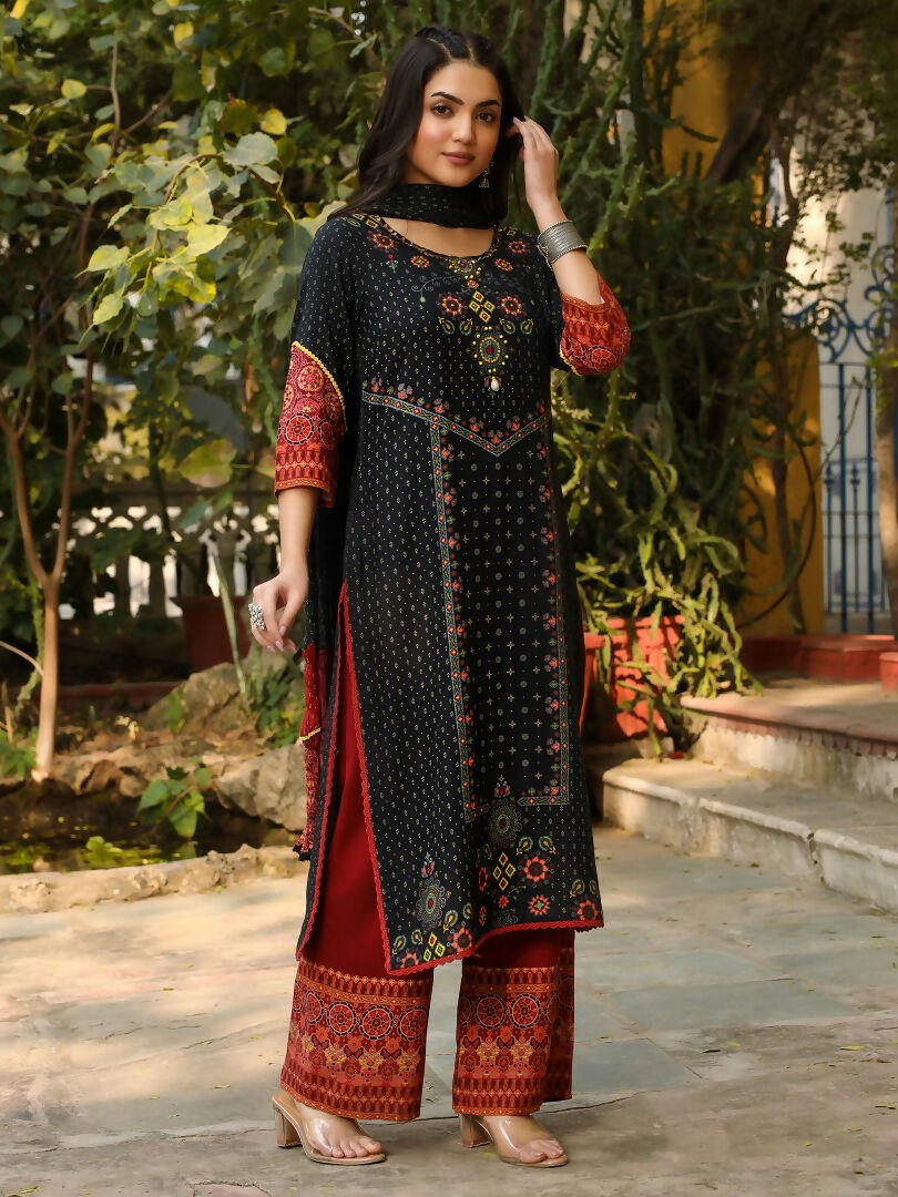 Juniper Black Ethnic Motif Placement Printed Rayon Kurta With Pant And Dupatta With Bead & Sequence Work