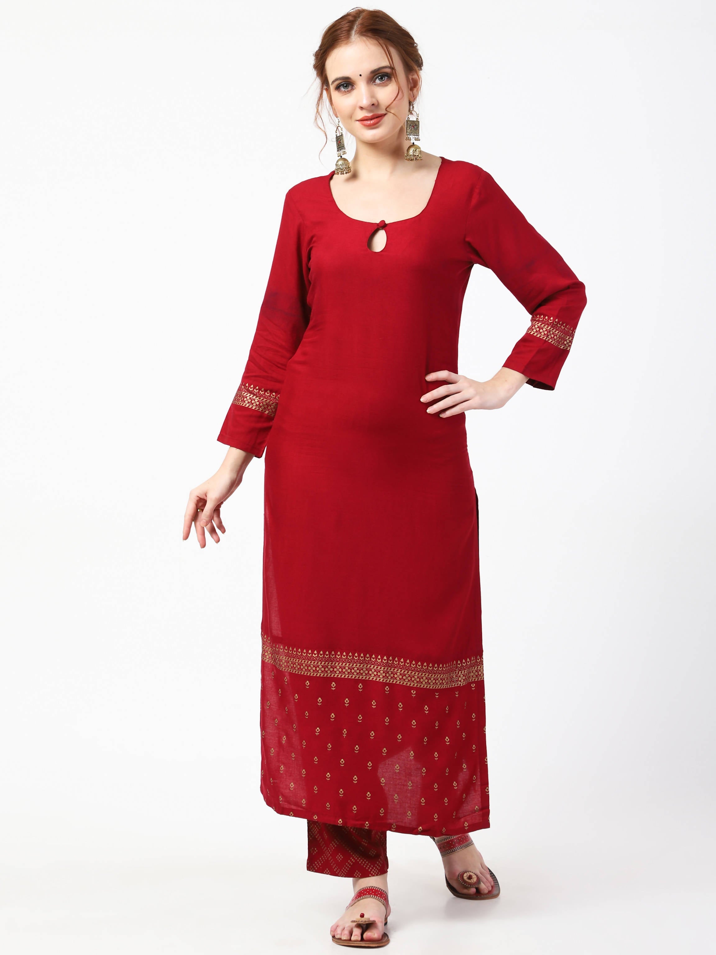 Cheera Gold Printed Maroon Kurta & Palazzo (CH-86KP)