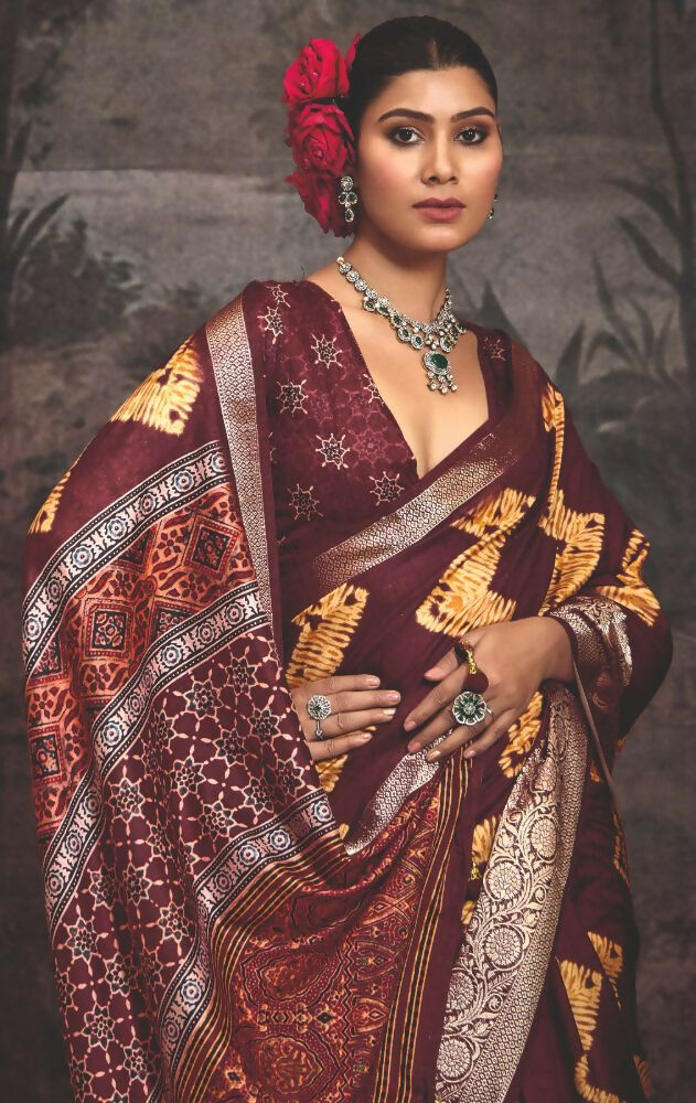 Joban Fashion Maroon Dola Tussar Silk Self Jacquard Border Saree