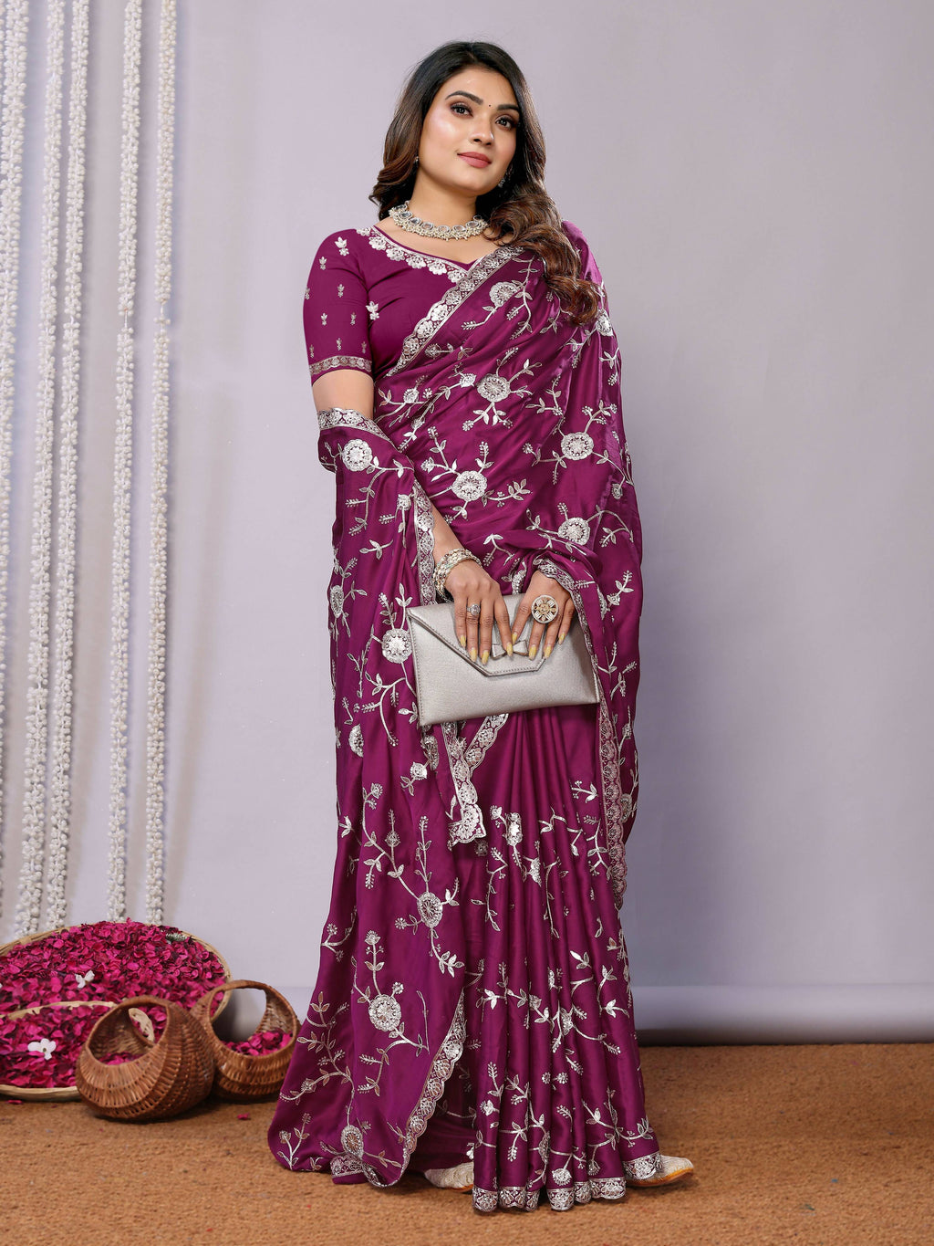 Purple Pure Satin Embroidered Saree With Stitched Blouse - Nimaya Kaksha
