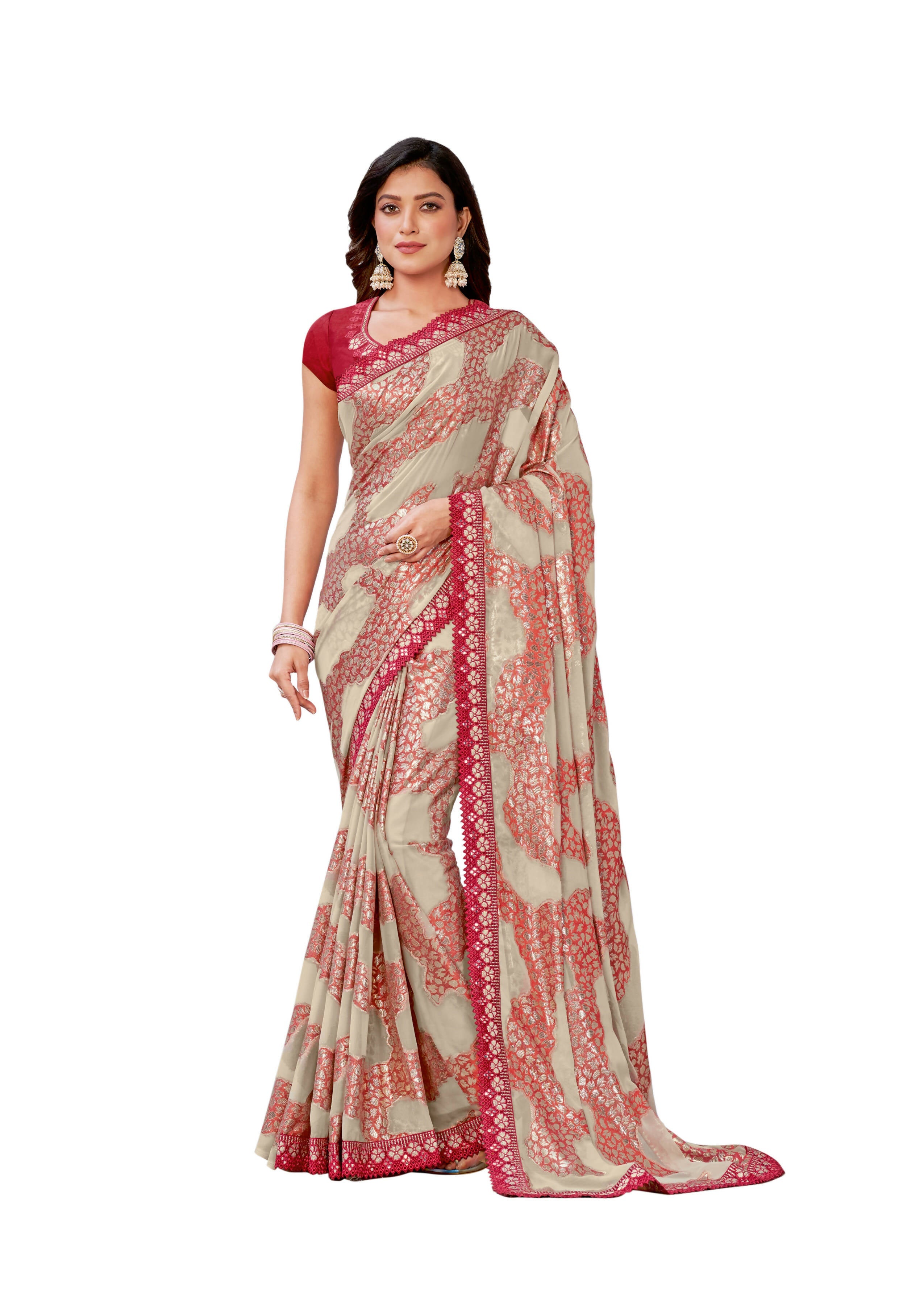 Red Georgette Zari Jacquard Embroidered Border With Mirror Work Saree With Unstitched Blouse Piece - Norita Zaina