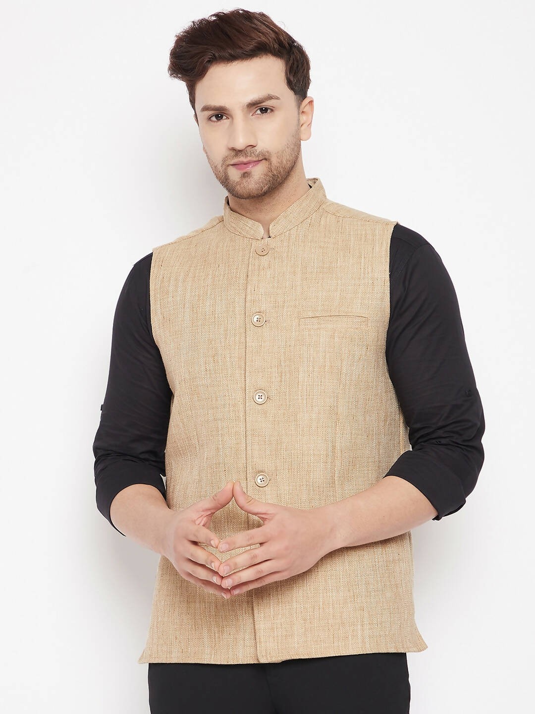 Even Apparels Beige Linen Men Woven Nehru Jacket LN719