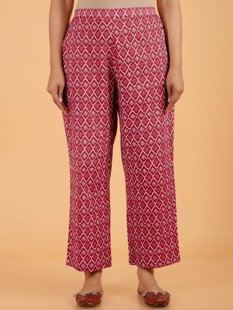 Aramya Pink Soft Cotton Block Print Straight Kurta Set for Women