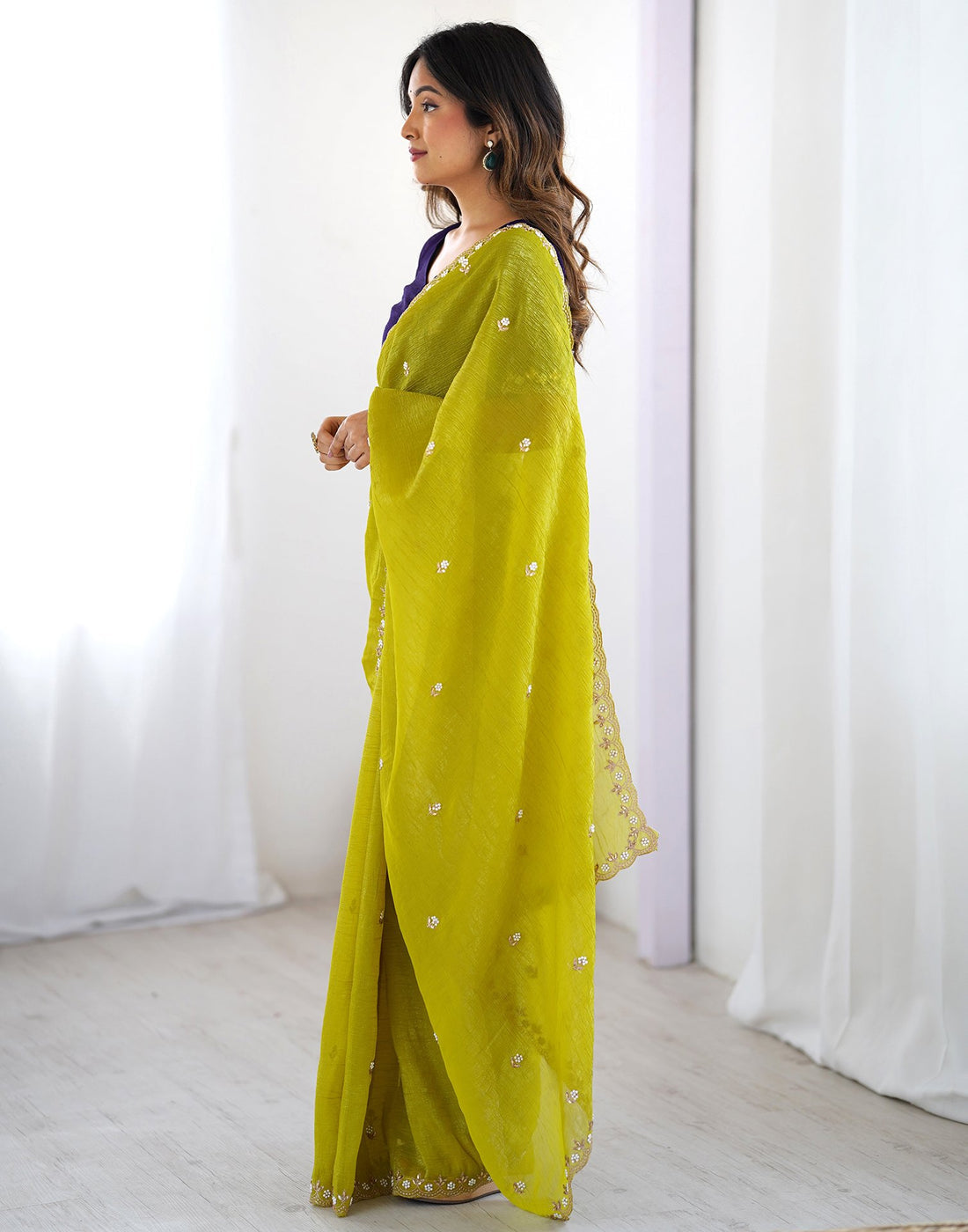 Lorenvalley Fashion Parrot Green Crunchy Silk Multi Embroidery Work Saree with Blouse