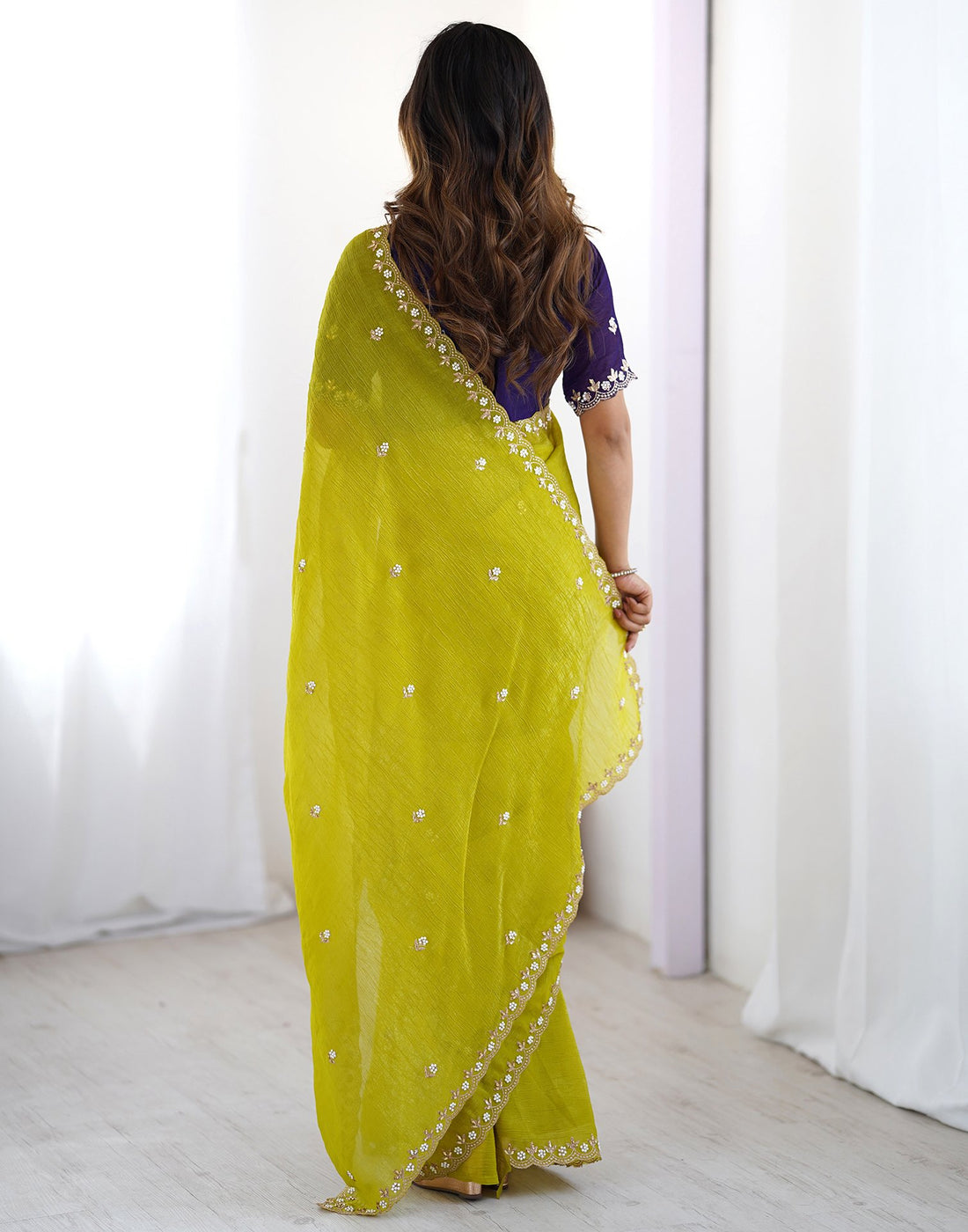 Lorenvalley Fashion Parrot Green Crunchy Silk Multi Embroidery Work Saree with Blouse
