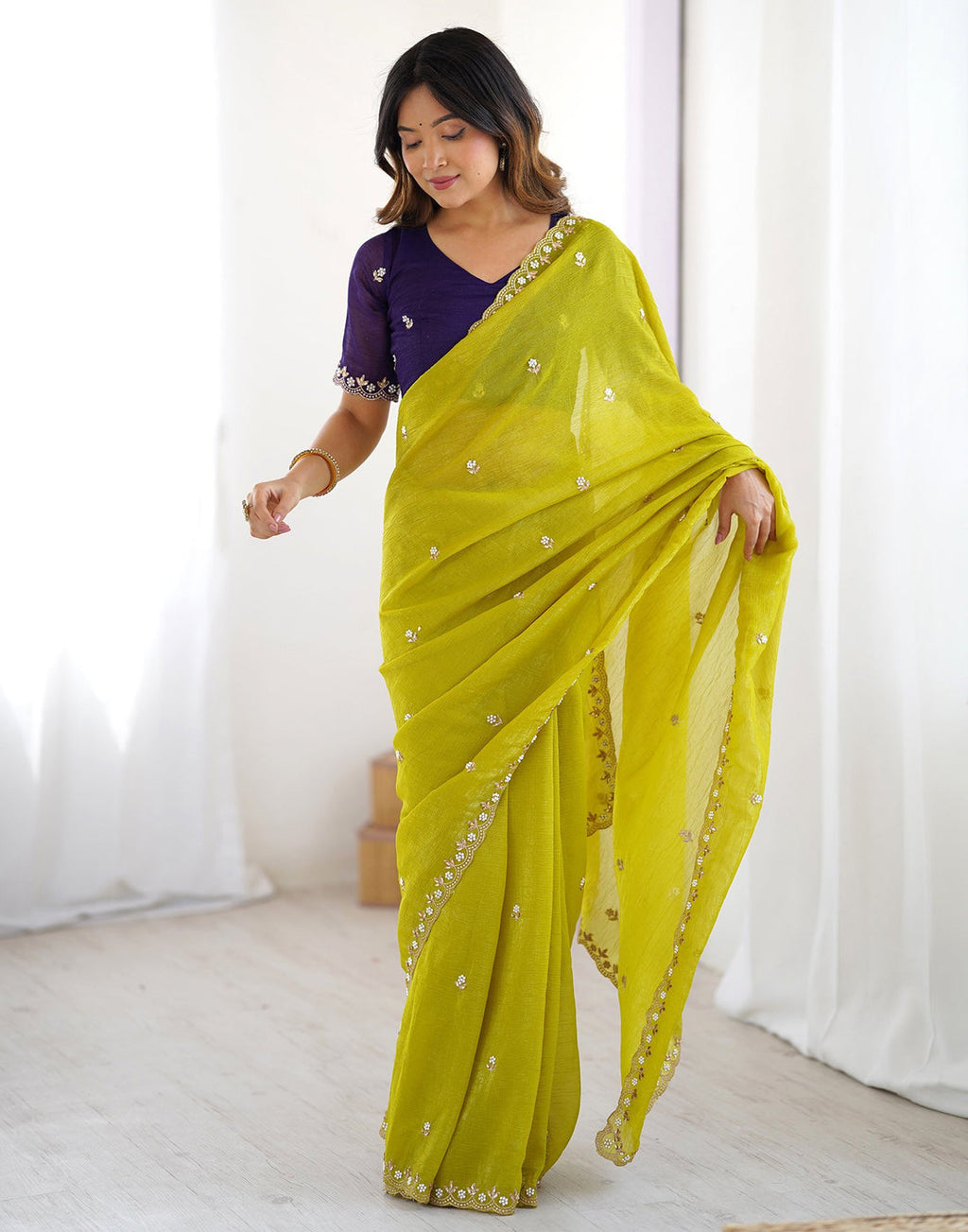 Lorenvalley Fashion Parrot Green Crunchy Silk Multi Embroidery Work Saree with Blouse