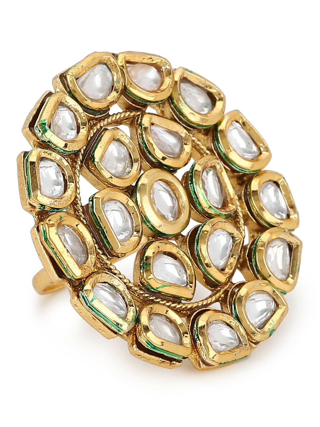 Gold-Polished White Kundan Studded Adjustable Finger Ring - Ruby Raang