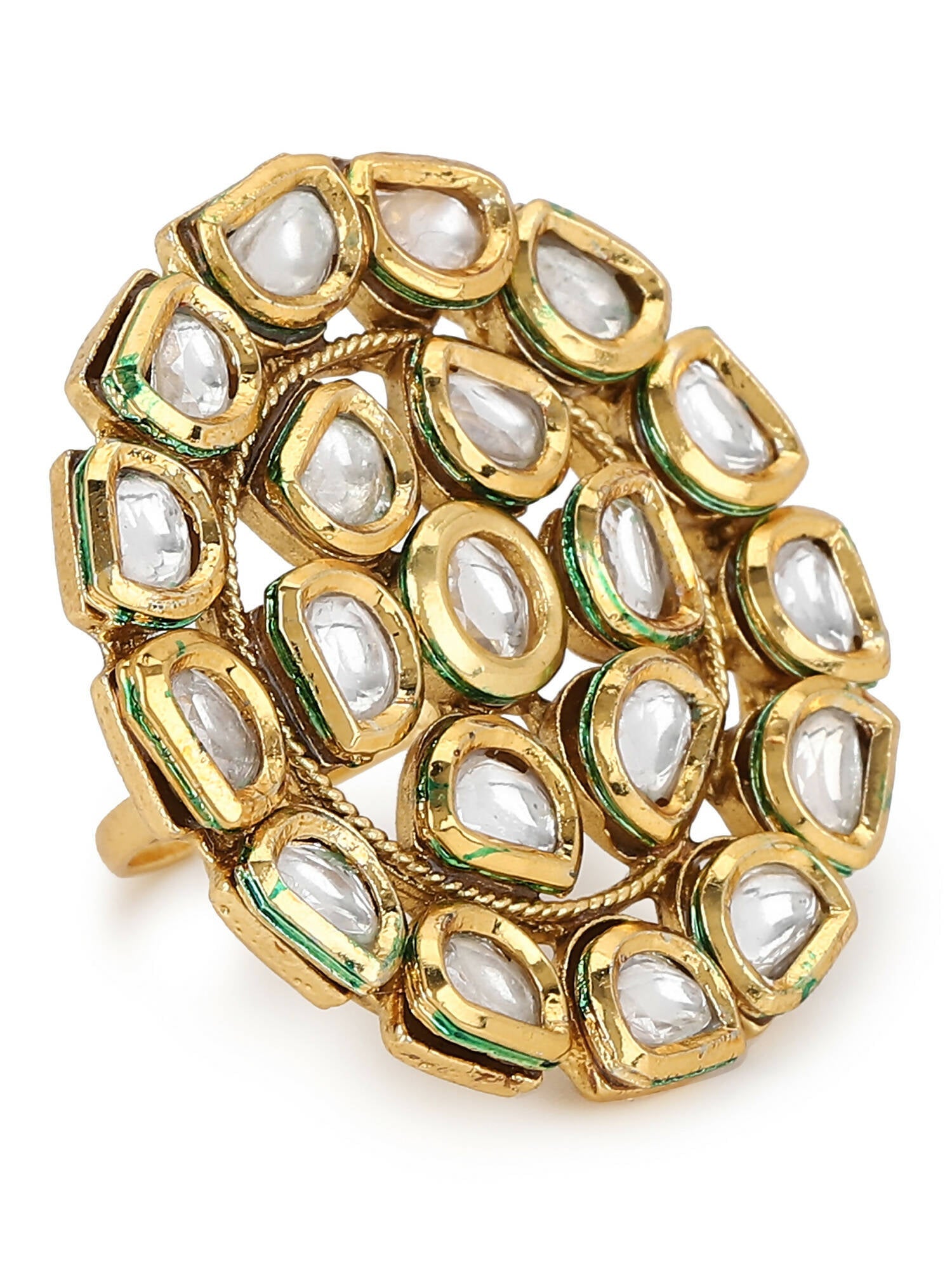 Gold-Polished White Kundan Studded Adjustable Finger Ring - Ruby Raang