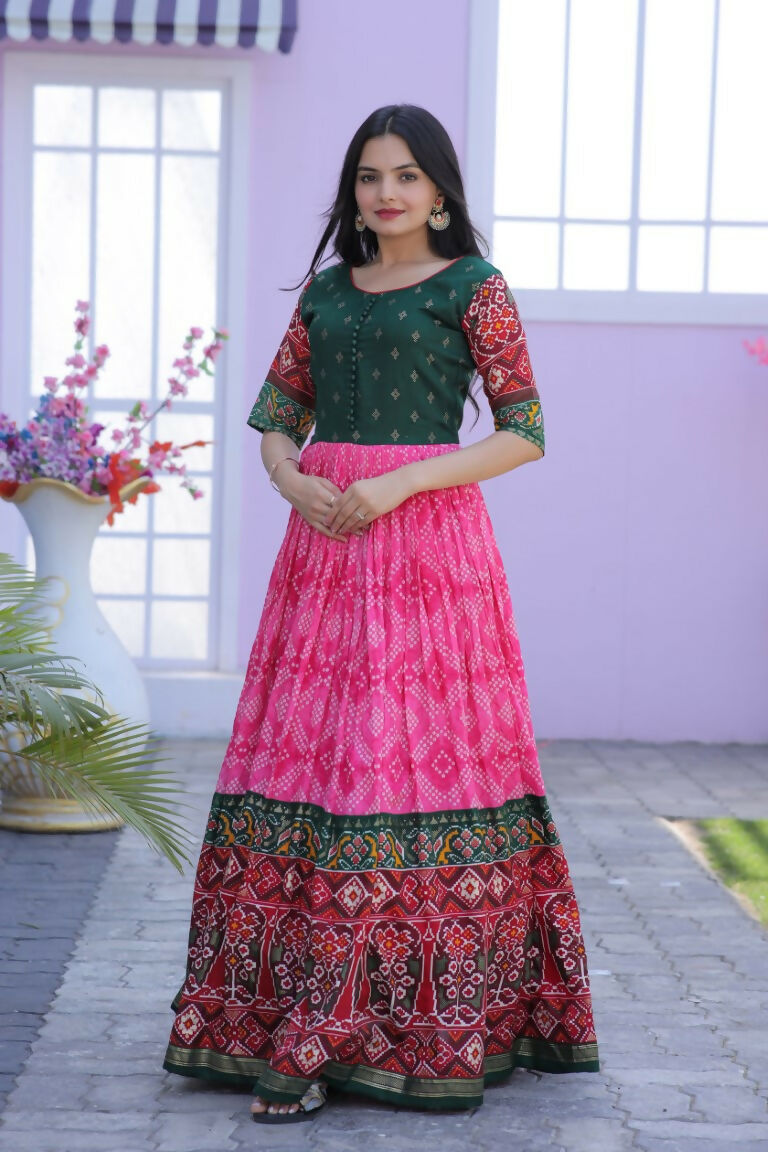 Jyoti Fashion Women's Pink Patola with Foil Print Dola Silk Anarkali Dress