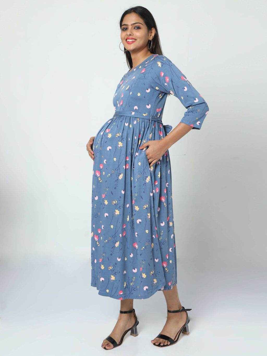 Manet Three Fourth Maternity Dress Floral Print With Concealed Zipper Nursing Access - Dark Grey