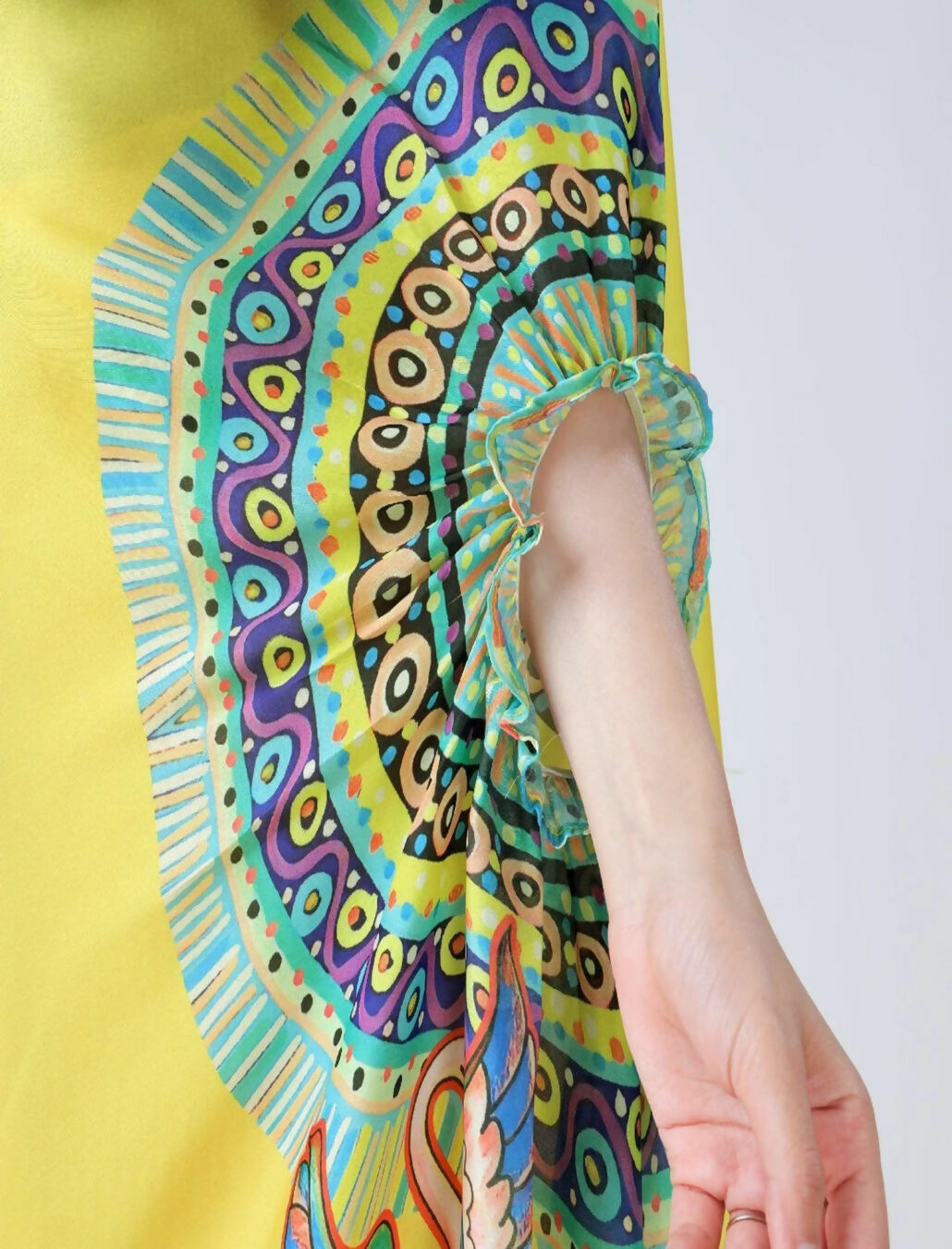 Vastranavya Yellow Ready to Wear Swan Print Free Hand Saree