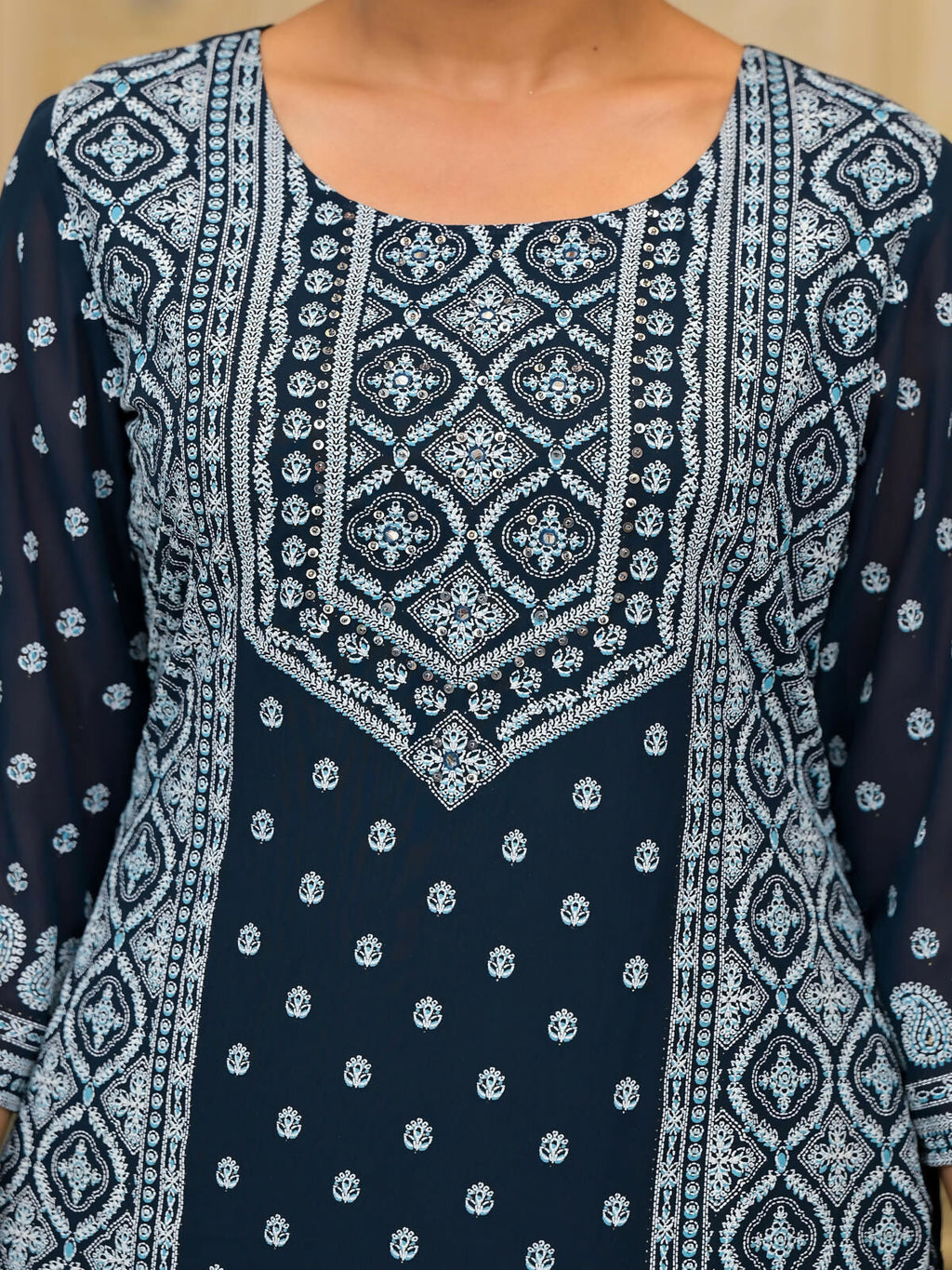 Juniper Women's Navy Ethnic Motif Printed Georgette Kurta Pant And Dupatta Set With Sequins & Beads