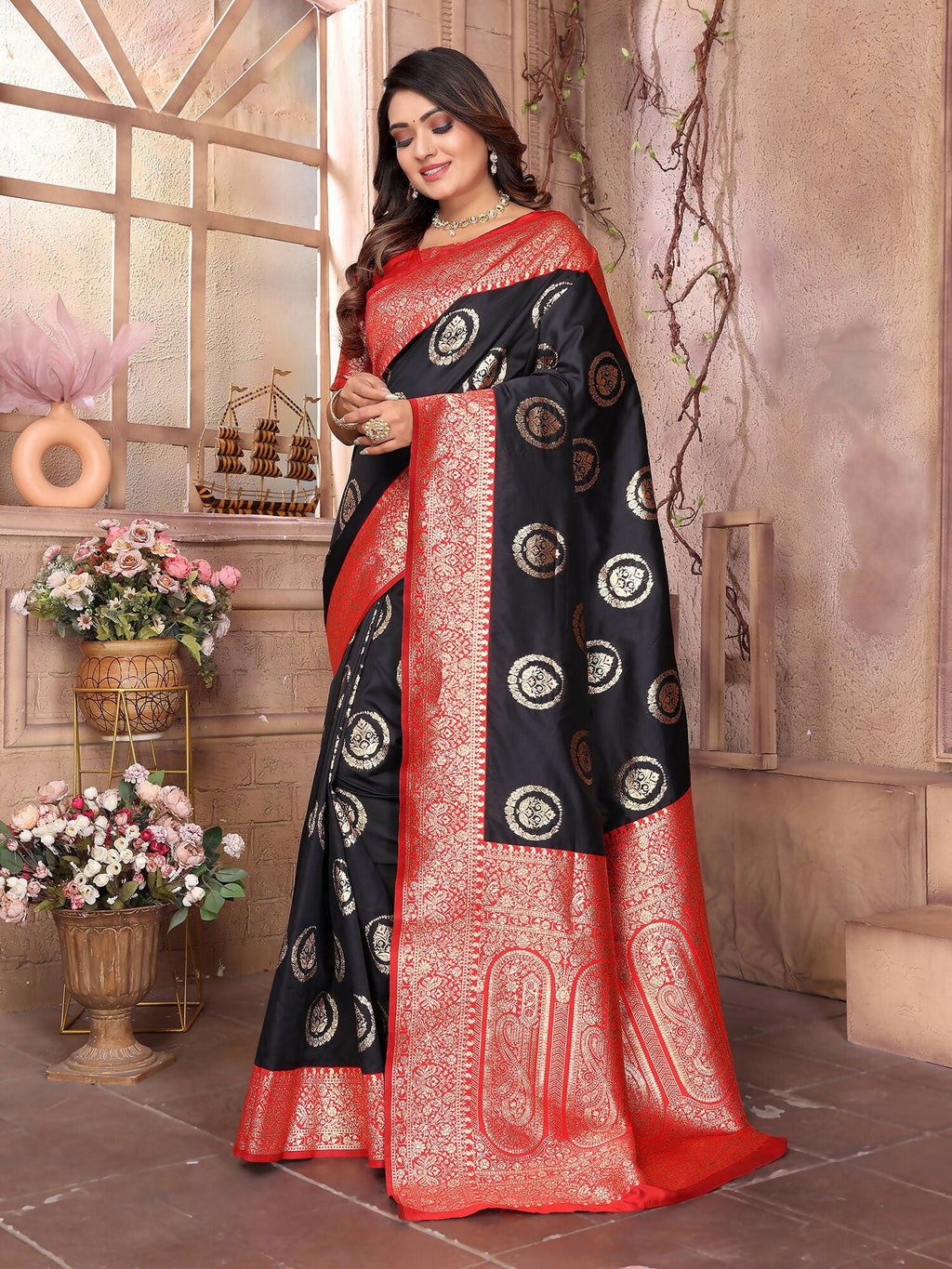 Joban Fashion Black Banarasi Soft Silk Woven Saree