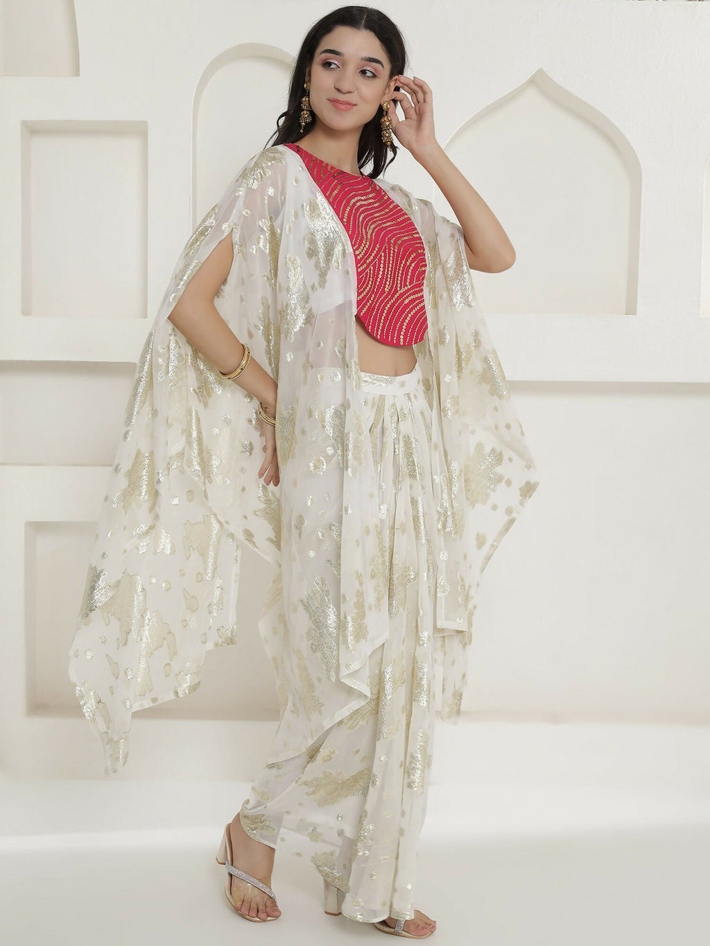 Joban Fashion White & Pink Kaftaan With Skirt