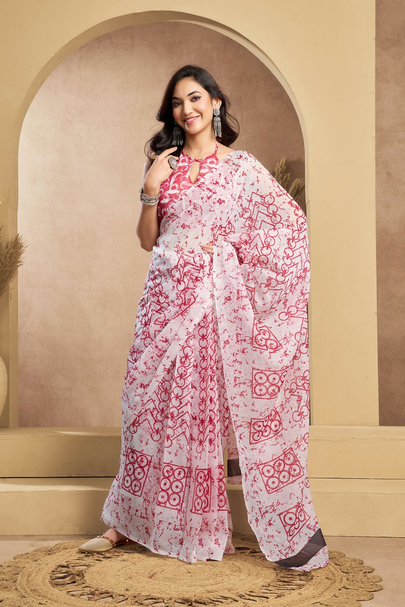 Vastranavya White Red Digital Printed Linen Ready To Wear Designer Saree with Unstitched Blouse