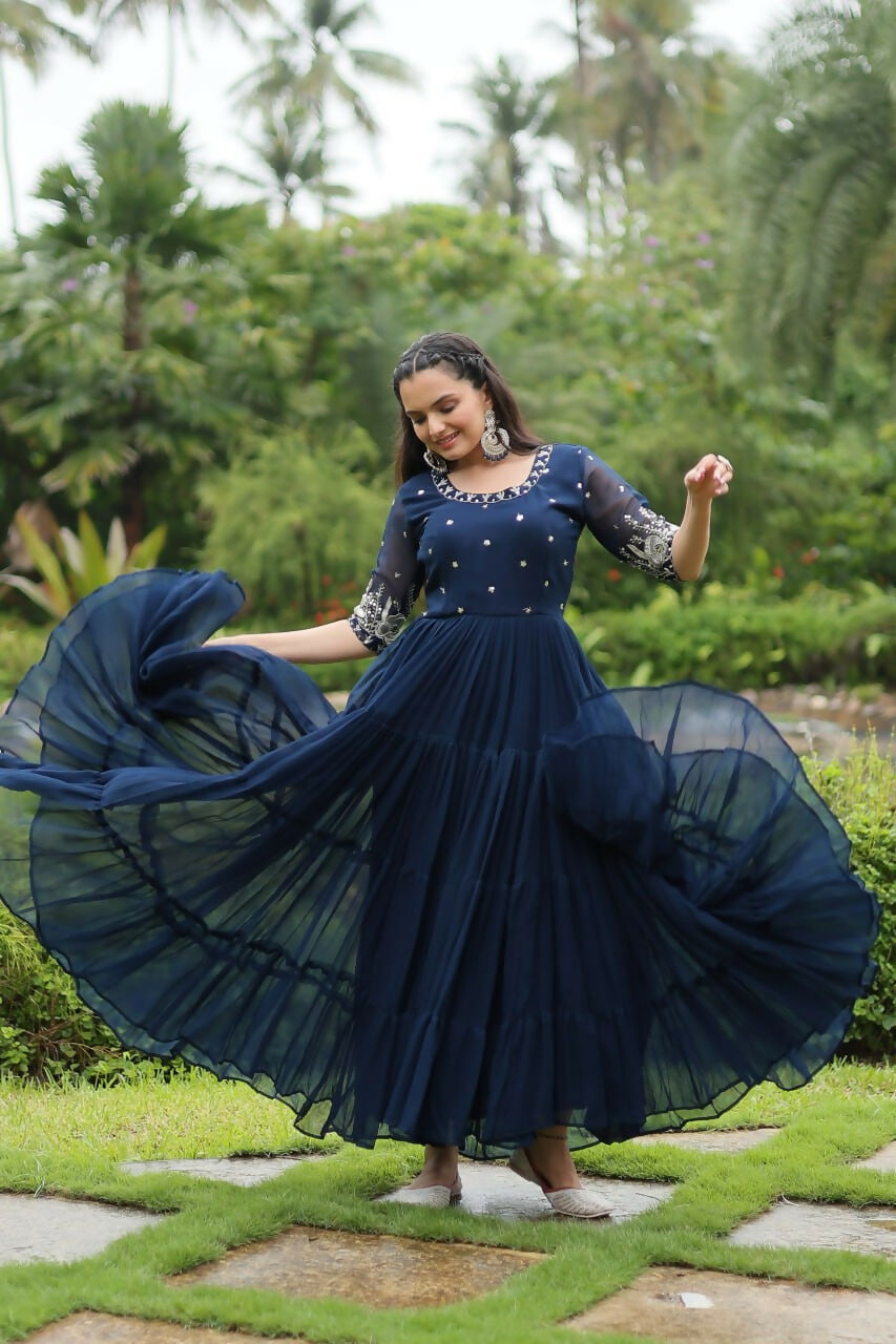 Vastranavya Premium Designer Faux Blooming with Embroidery Zari Sequins work Gown - Navy Blue