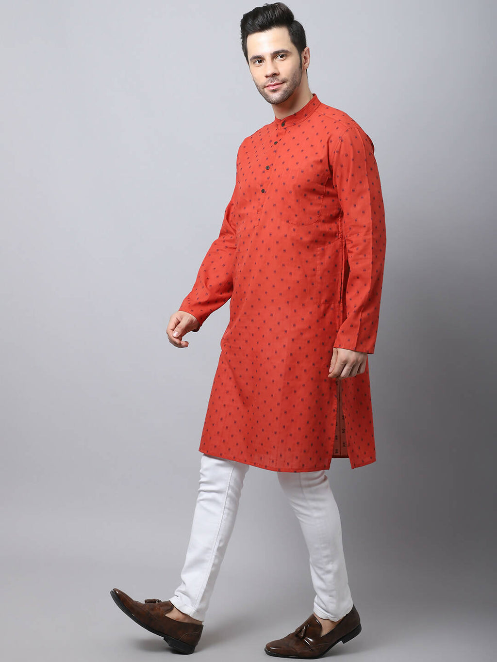 Even Apparels Red Pure Cotton Men's Kurta With Band Collar (CHK1167)