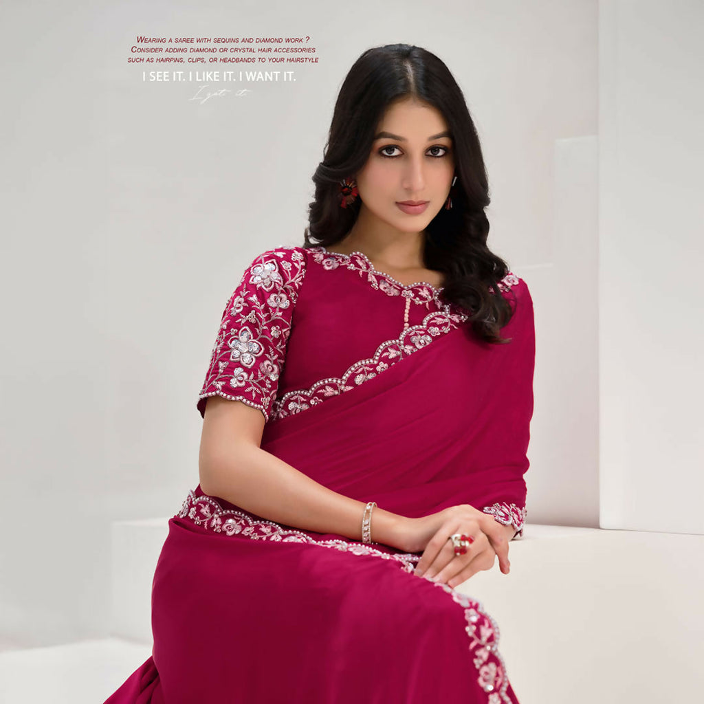 Pink Crepe Satin Silk Sequence Saree With Unstitched Blouse Piece - Norita Saanjh