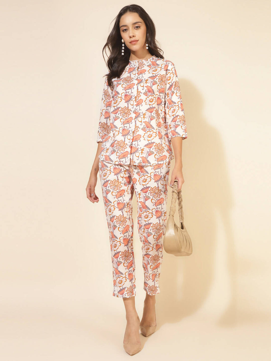 Janasya Women's White Cotton Floral Printed Casual A-Line Co-ords