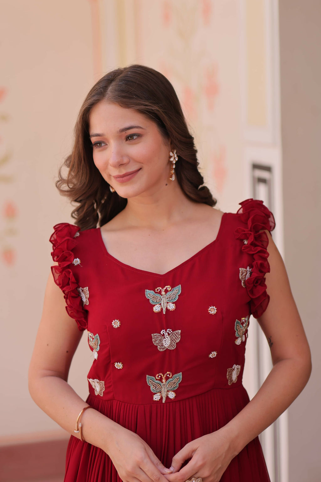 Vastranavya Maroon Faux Blooming With Sequins Multithreaded Beads Embroidered work Gown