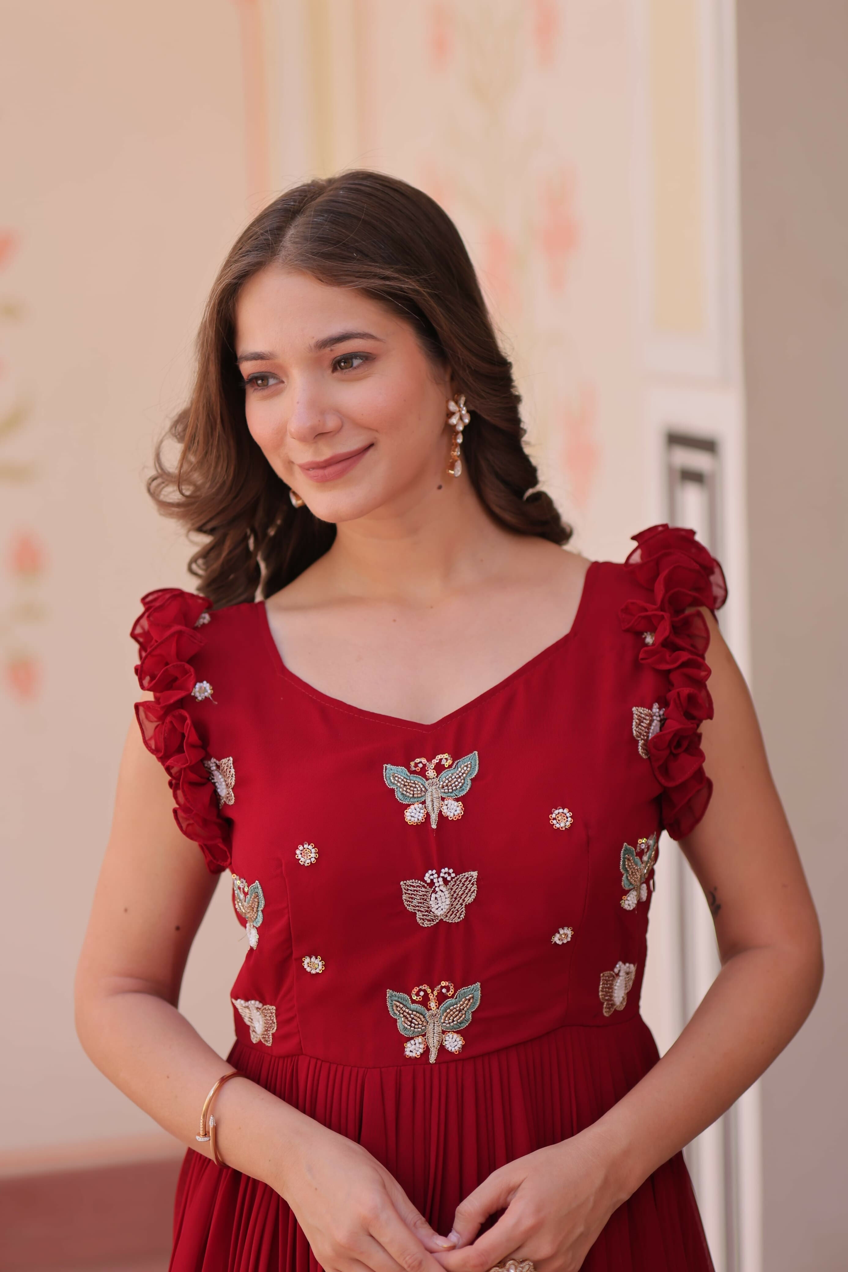 Vastranavya Maroon Faux Blooming With Sequins Multithreaded Beads Embroidered work Gown