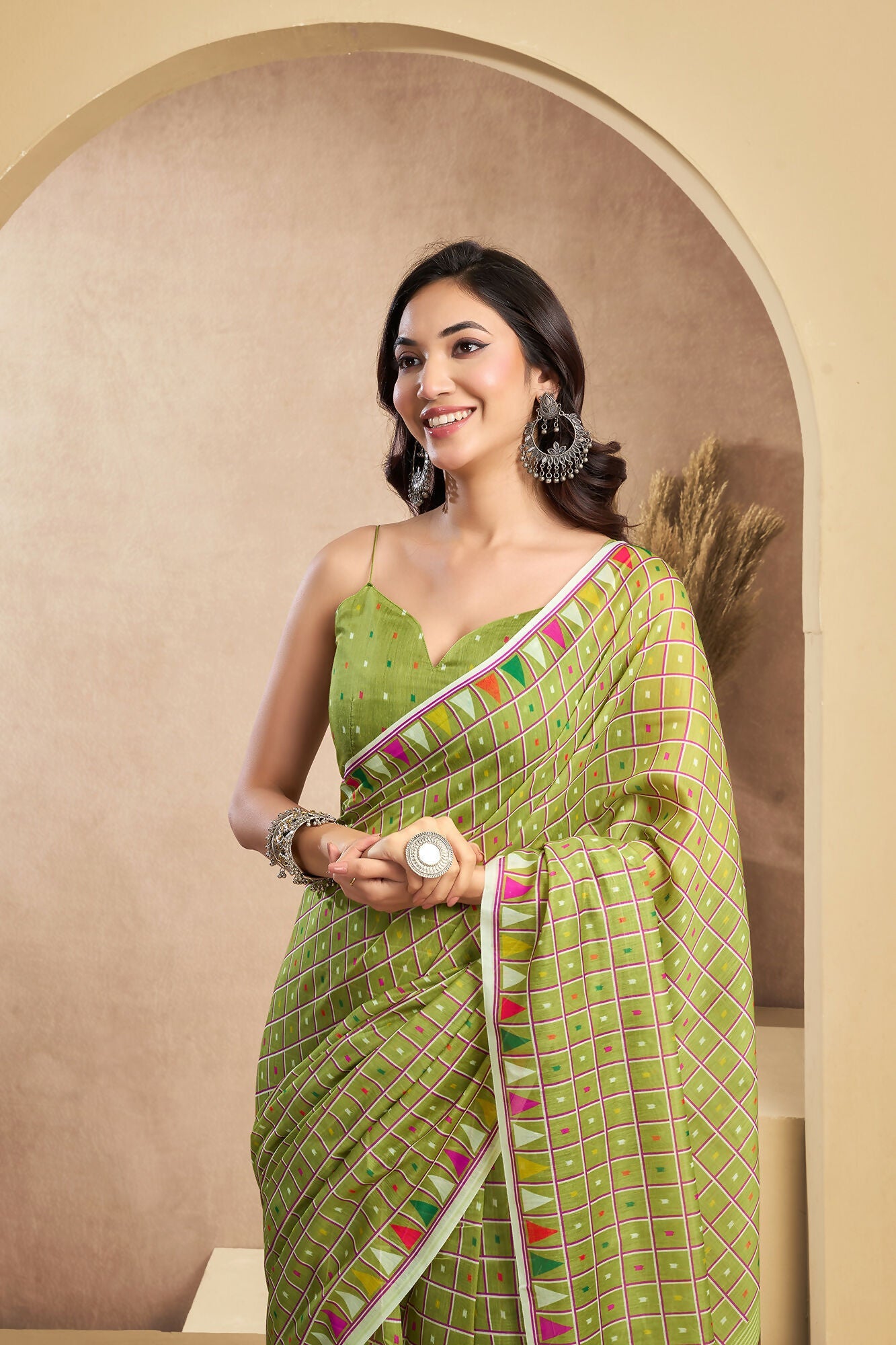 Vastranavya Mehendi Digital Printed Linen Ready To Wear Designer Saree with Unstitched Blouse
