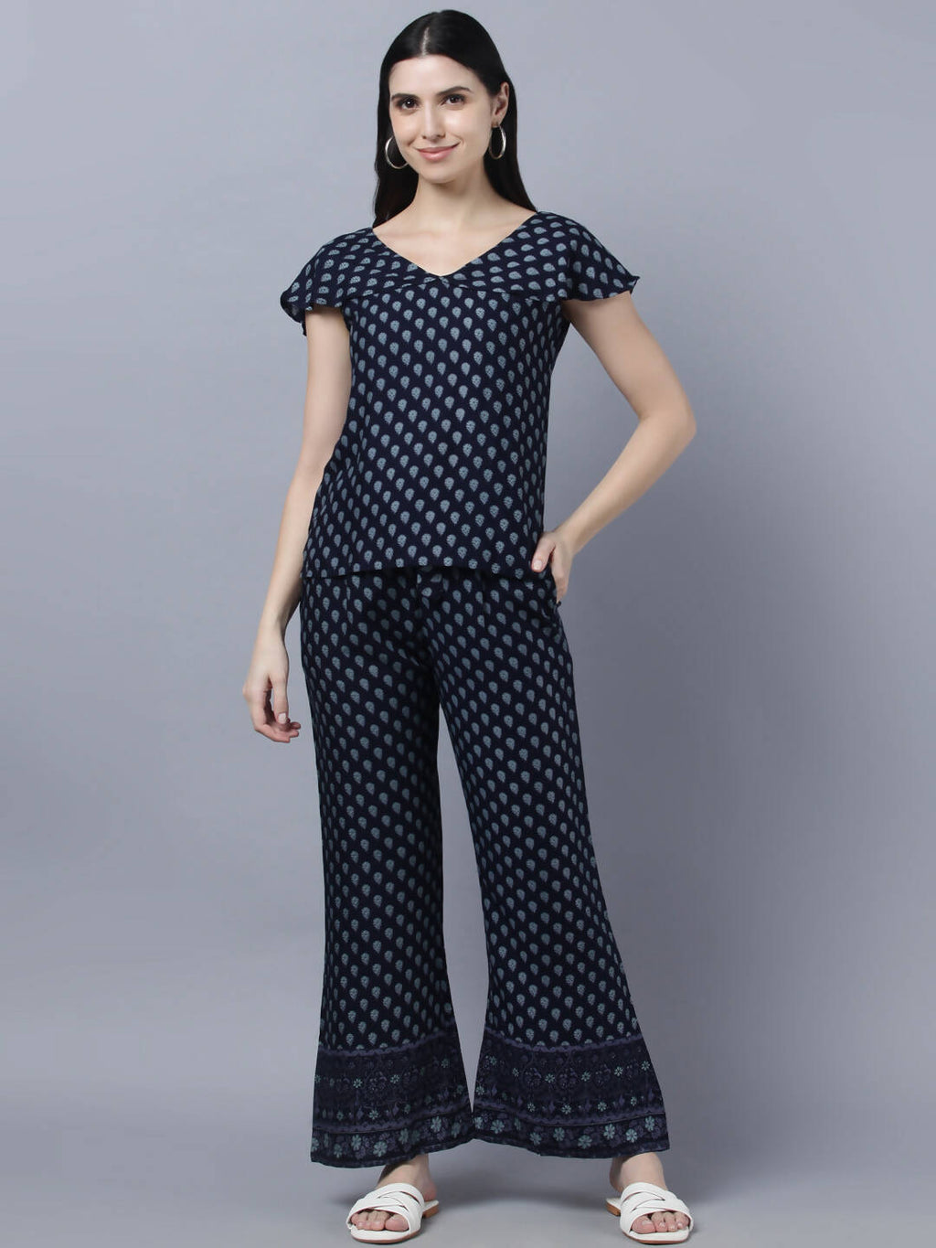Myshka Women Navy Blue Ethnic Motifs Printed Pure Cotton Top with Palazzos