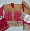 Vastranavya Yellow-Pink Chinon Bandhini Print with Embroidery & Mirror or Jharkhan work Sharara Suit