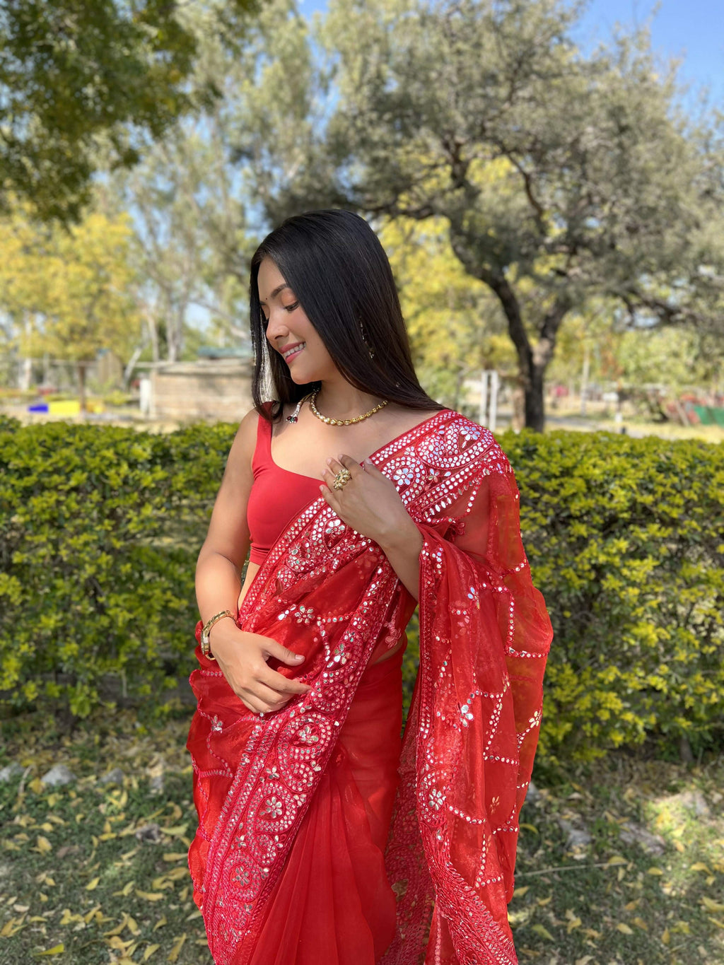 Vamsee Naina Red Organza Saree