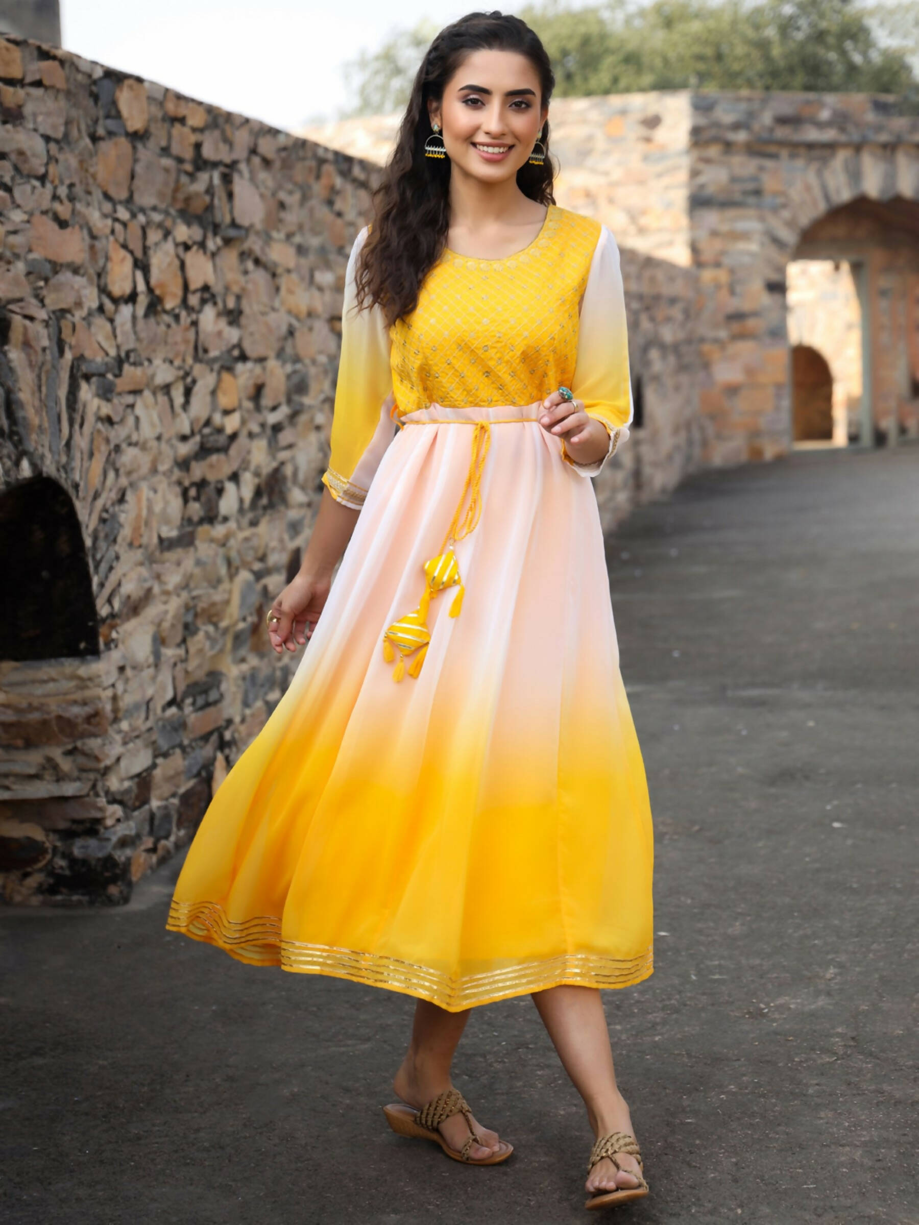 Juniper Women Yellow Georgette Embroidered Maxi Dress