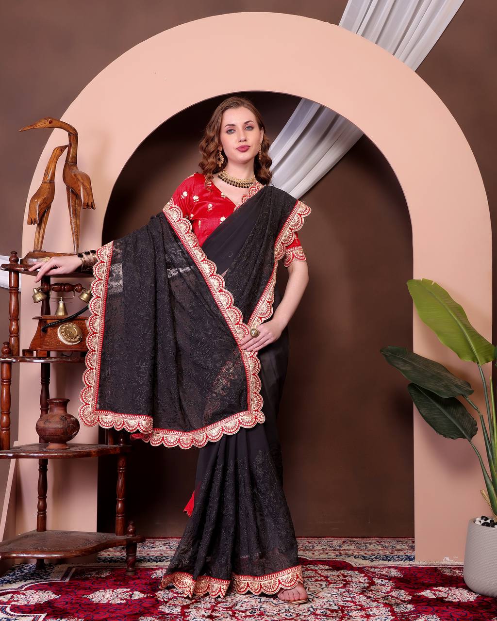 Teeya Creation Black Color Georgette Fabric Chikankari Work Saree