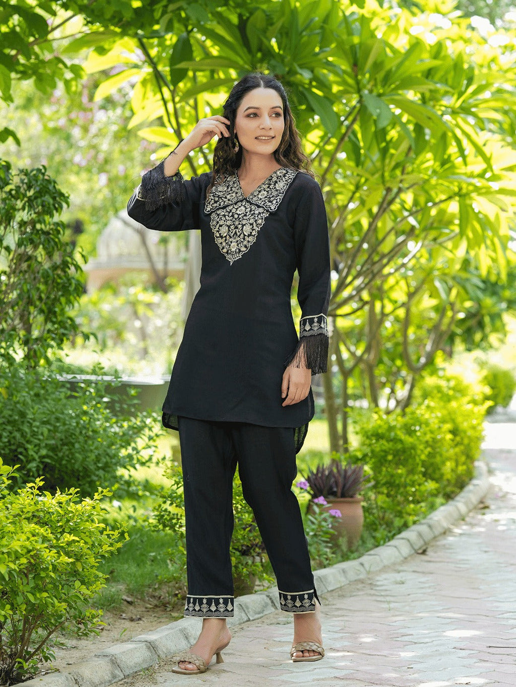 Yufta Black Embroidered Shirt And Trouser Co Ords