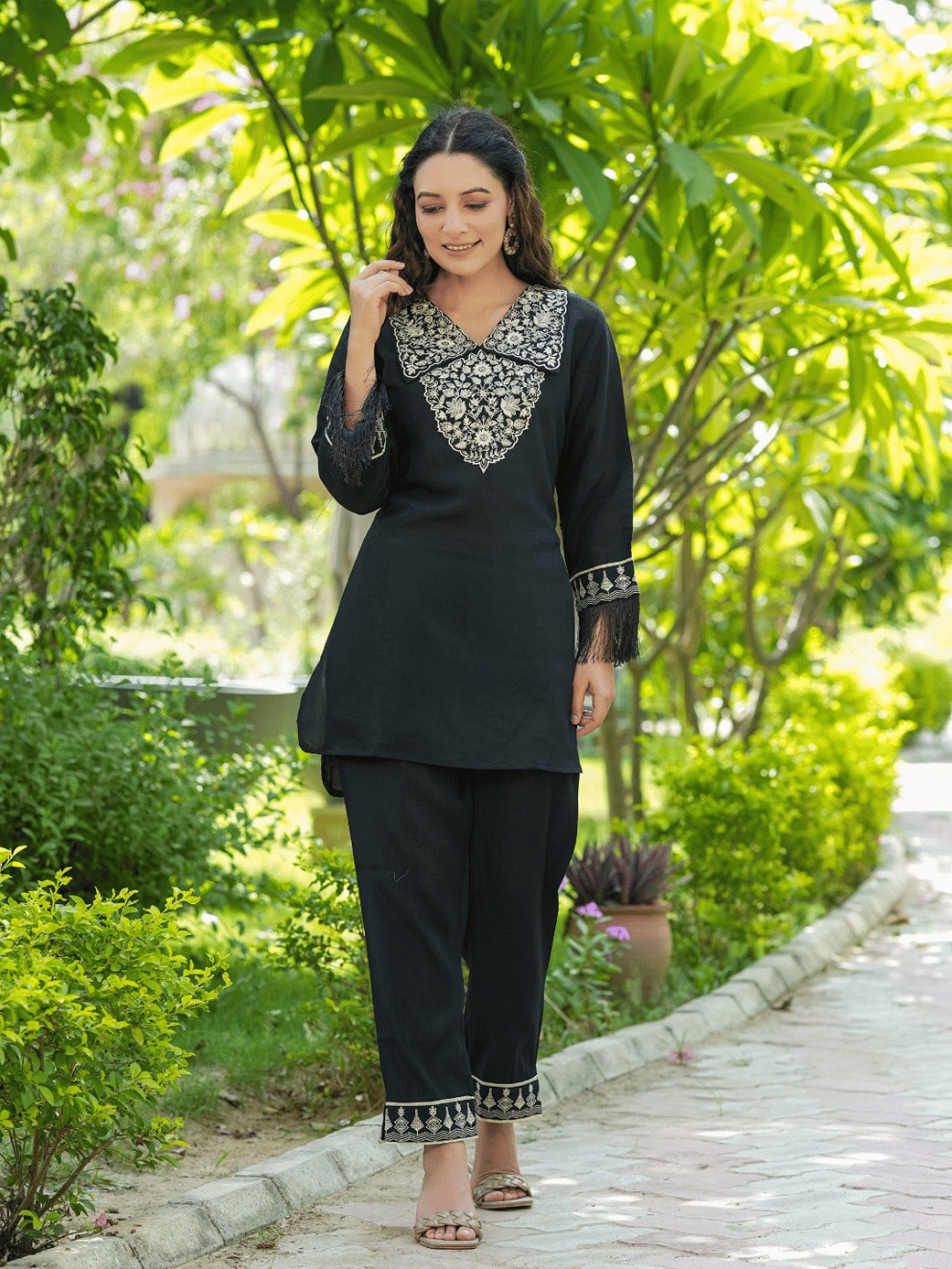 Yufta Black Embroidered Shirt And Trouser Co Ords