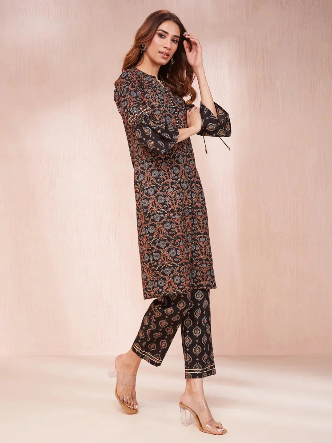 Yufta Black Ethnic Motifs Mandarin Collar Straight Kurta Trouser Set