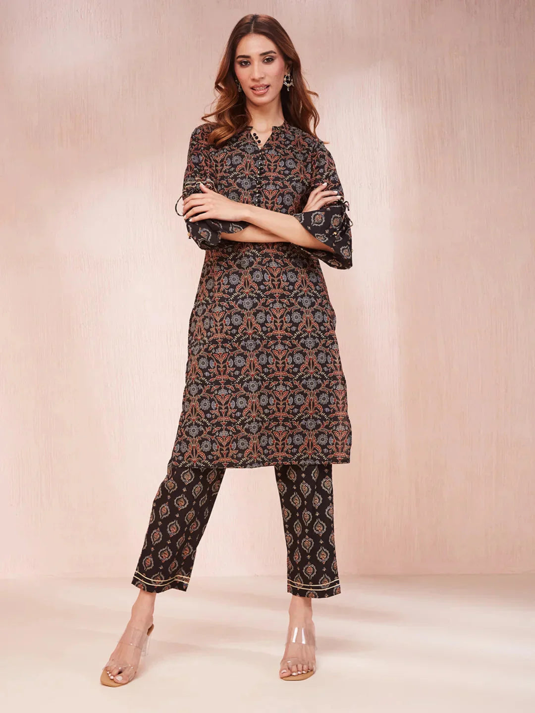 Yufta Black Ethnic Motifs Mandarin Collar Straight Kurta Trouser Set