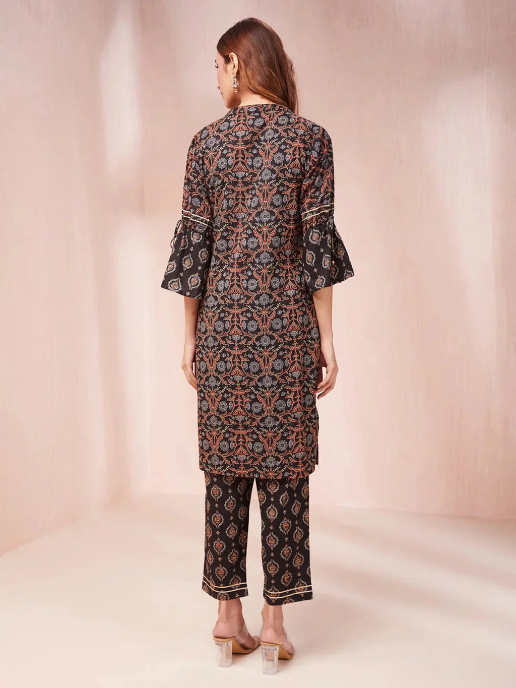 Yufta Black Ethnic Motifs Mandarin Collar Straight Kurta Trouser Set