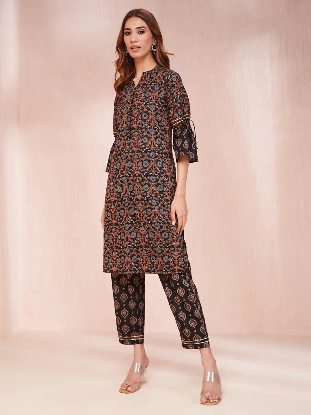 Yufta Black Ethnic Motifs Mandarin Collar Straight Kurta Trouser Set