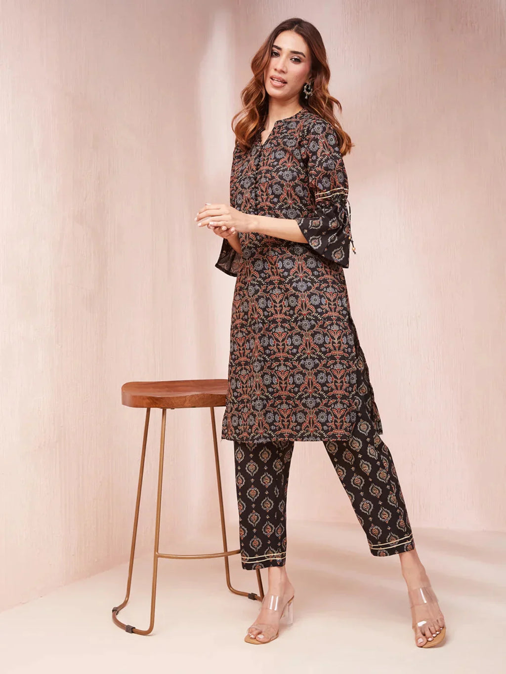 Yufta Black Ethnic Motifs Mandarin Collar Straight Kurta Trouser Set