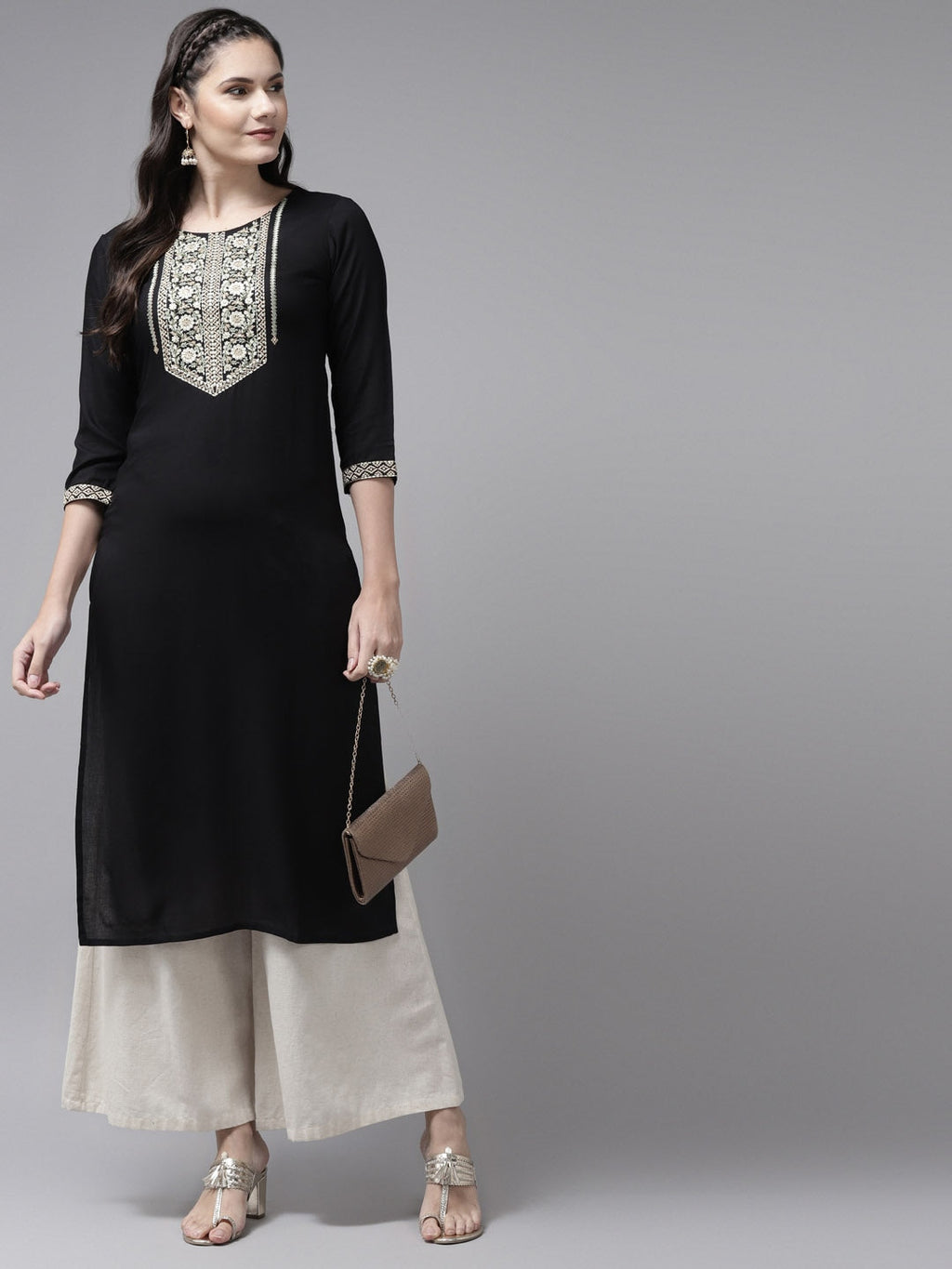 Yufta Black Ethnic Motifs Yoke Design Kurta