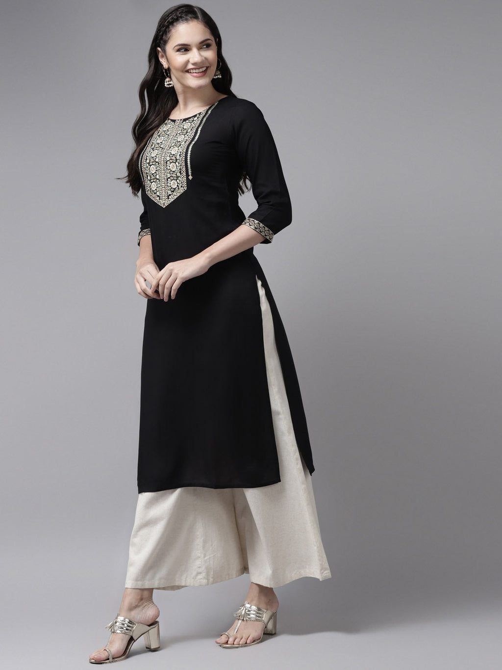 Yufta Black Ethnic Motifs Yoke Design Kurta