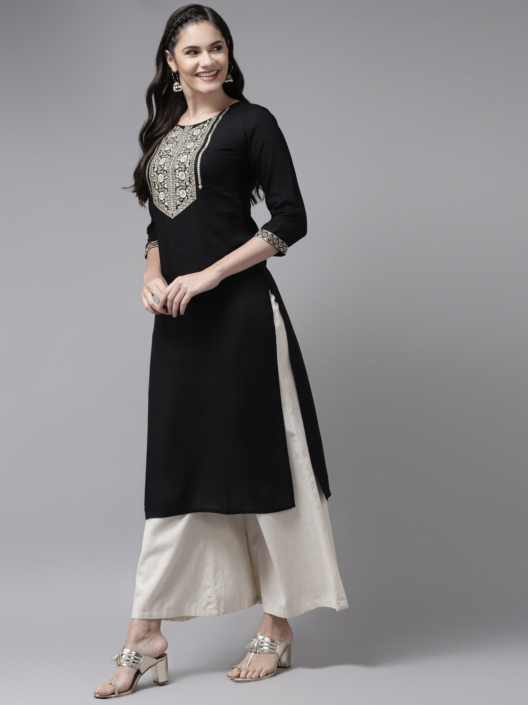 Yufta Black Ethnic Motifs Yoke Design Kurta