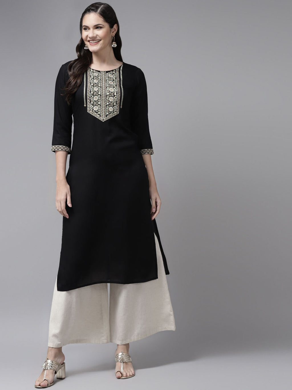 Yufta Black Ethnic Motifs Yoke Design Kurta