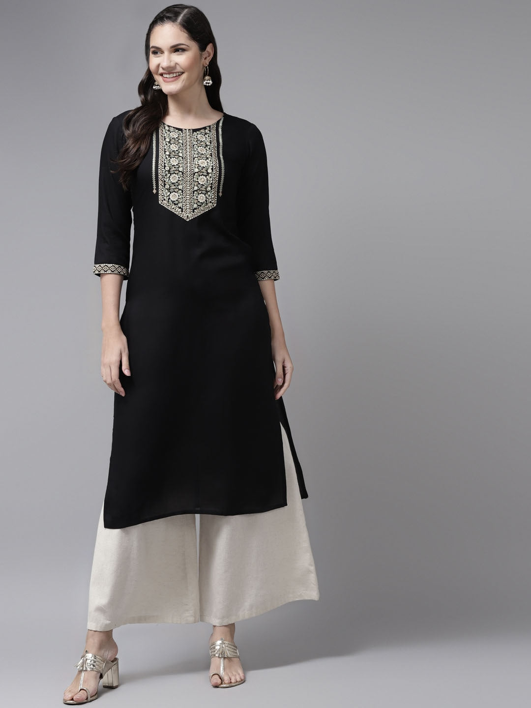 Yufta Black Ethnic Motifs Yoke Design Kurta